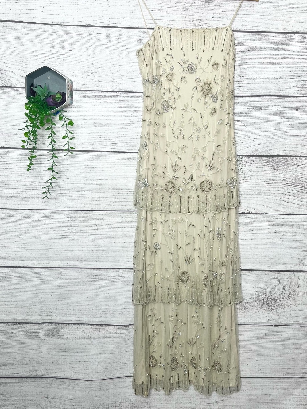 Vintage Stenay Cream Beaded Tiered Maxi Slip Dress Size 6 Wedding Prom Gatsby